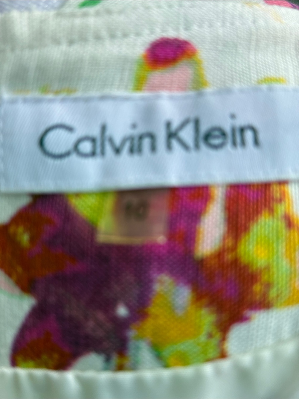 Calvin Klein Sleeveless Linen Blend Dress, Ivory w/ Multi-Color Floral Design 10 - Picture 8 of 12